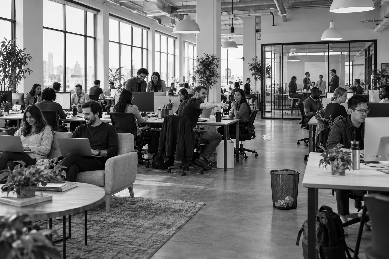 Young startup team working and collaborating in a casual office, with a playful paper-ball toss toward a waste bin