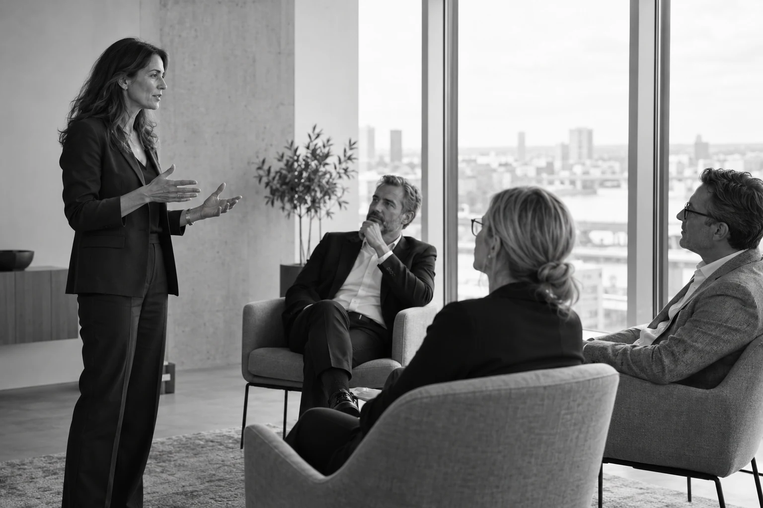 Presenter discussing ideas with a small seated team