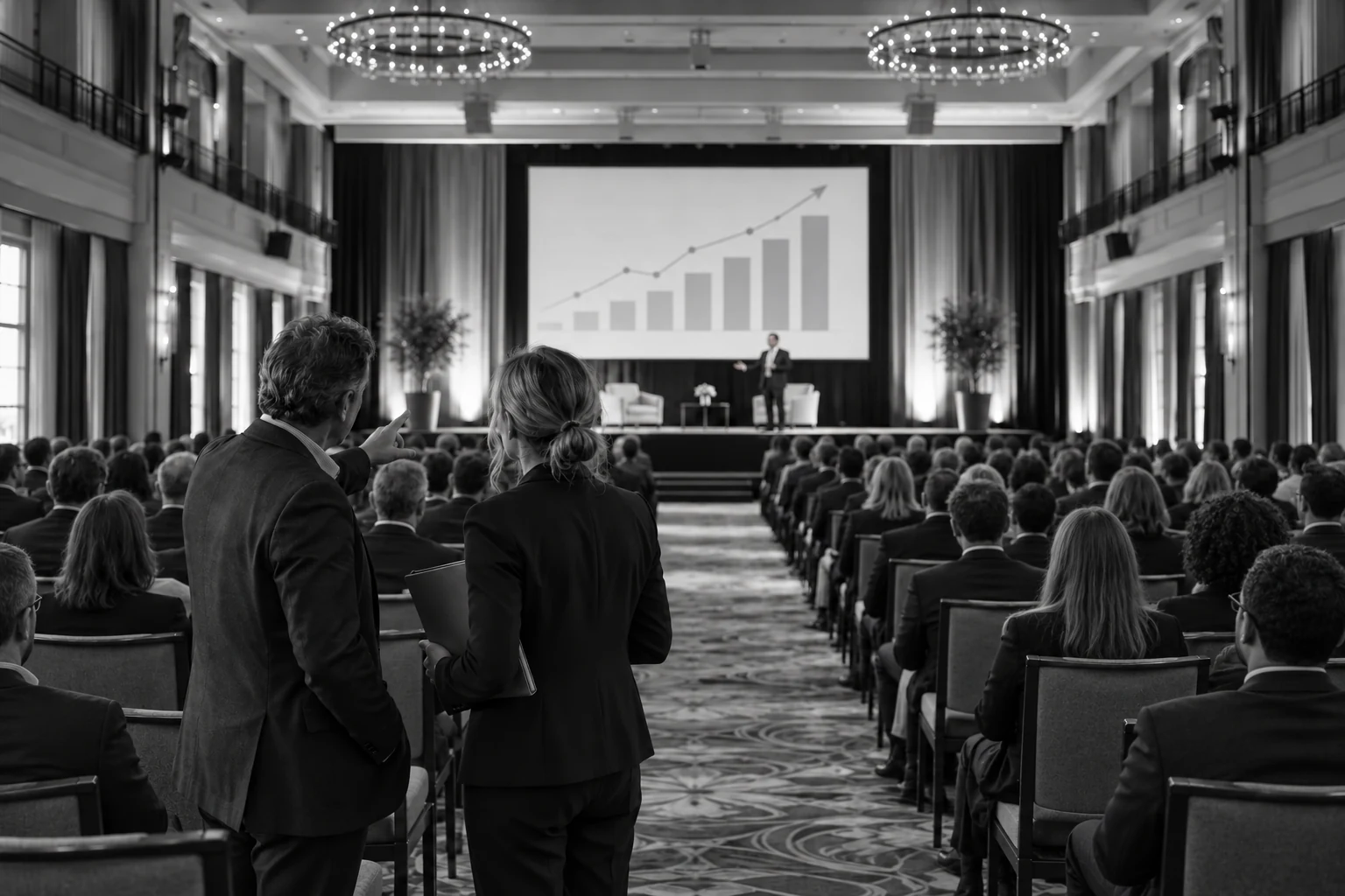 Two event professionals observing a full seated conference audience and keynote speaker with a graphic on the stage screen