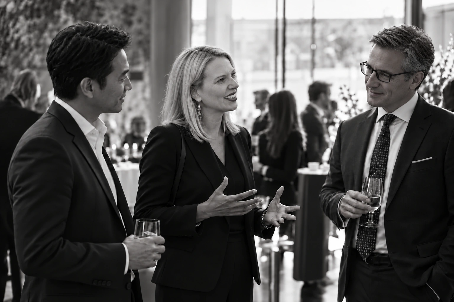 Business professionals in conversation at an evening networking reception