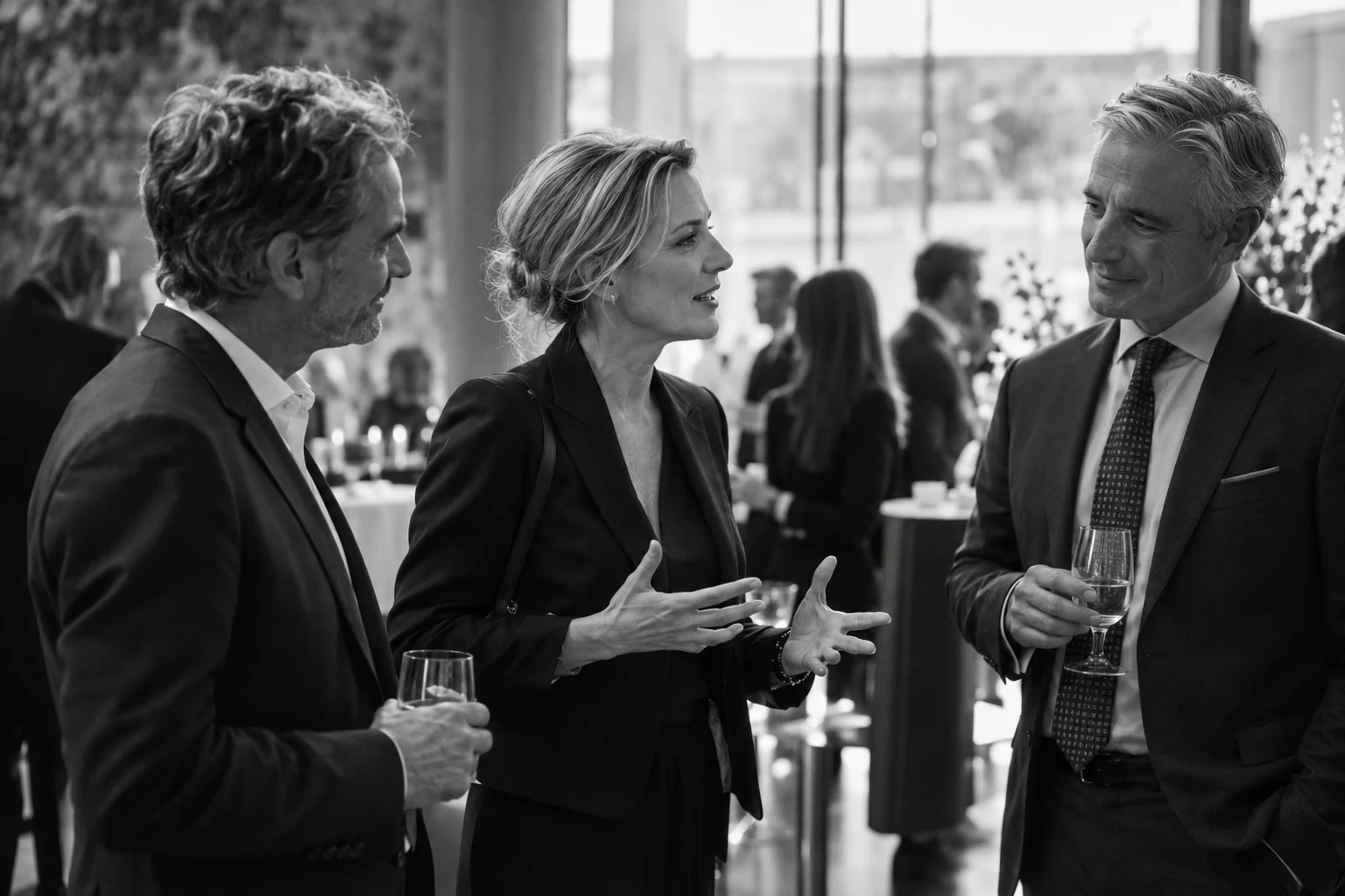 Business professionals in conversation at an evening networking reception
