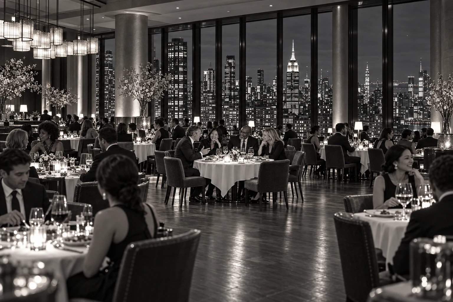 Wide restaurant view showing a four-person business dinner among many occupied tables overlooking the New York City skyline