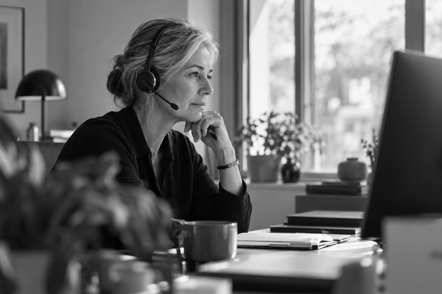 Inside sales professional listening to a prospect through a headset