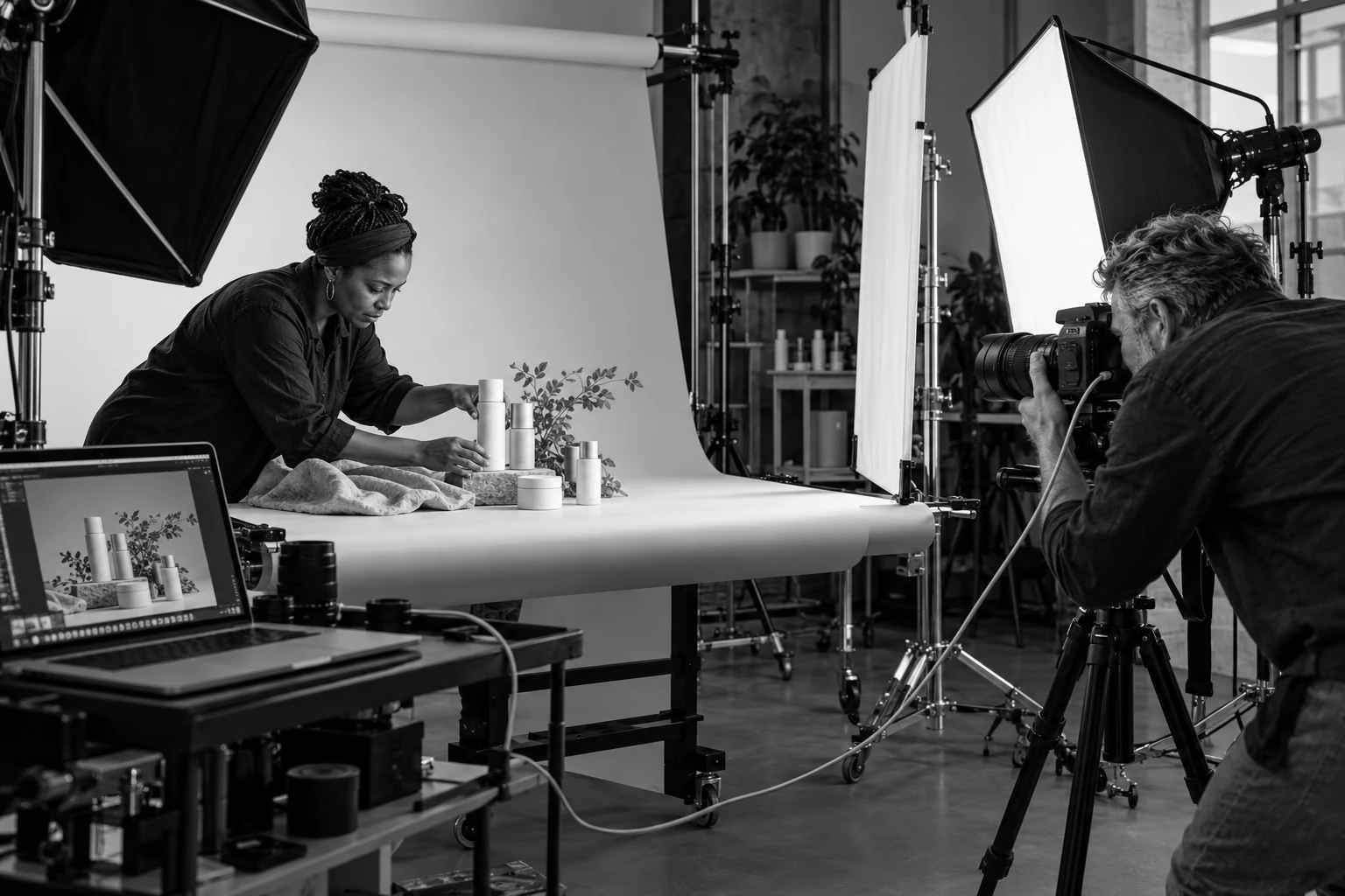 Creative professionals conducting a product photo shoot in a studio with softboxes and a tripod-mounted camera