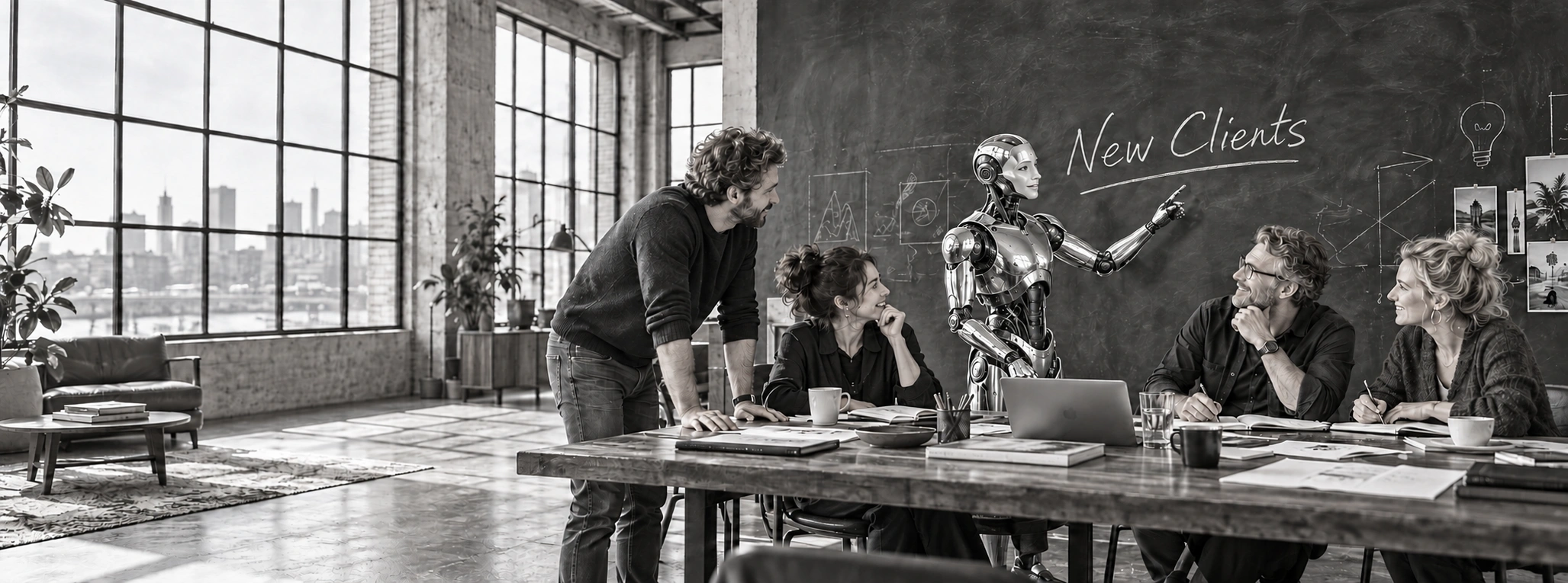 Creative professionals collaborating with a polished metallic robot beside a New Clients chalkboard