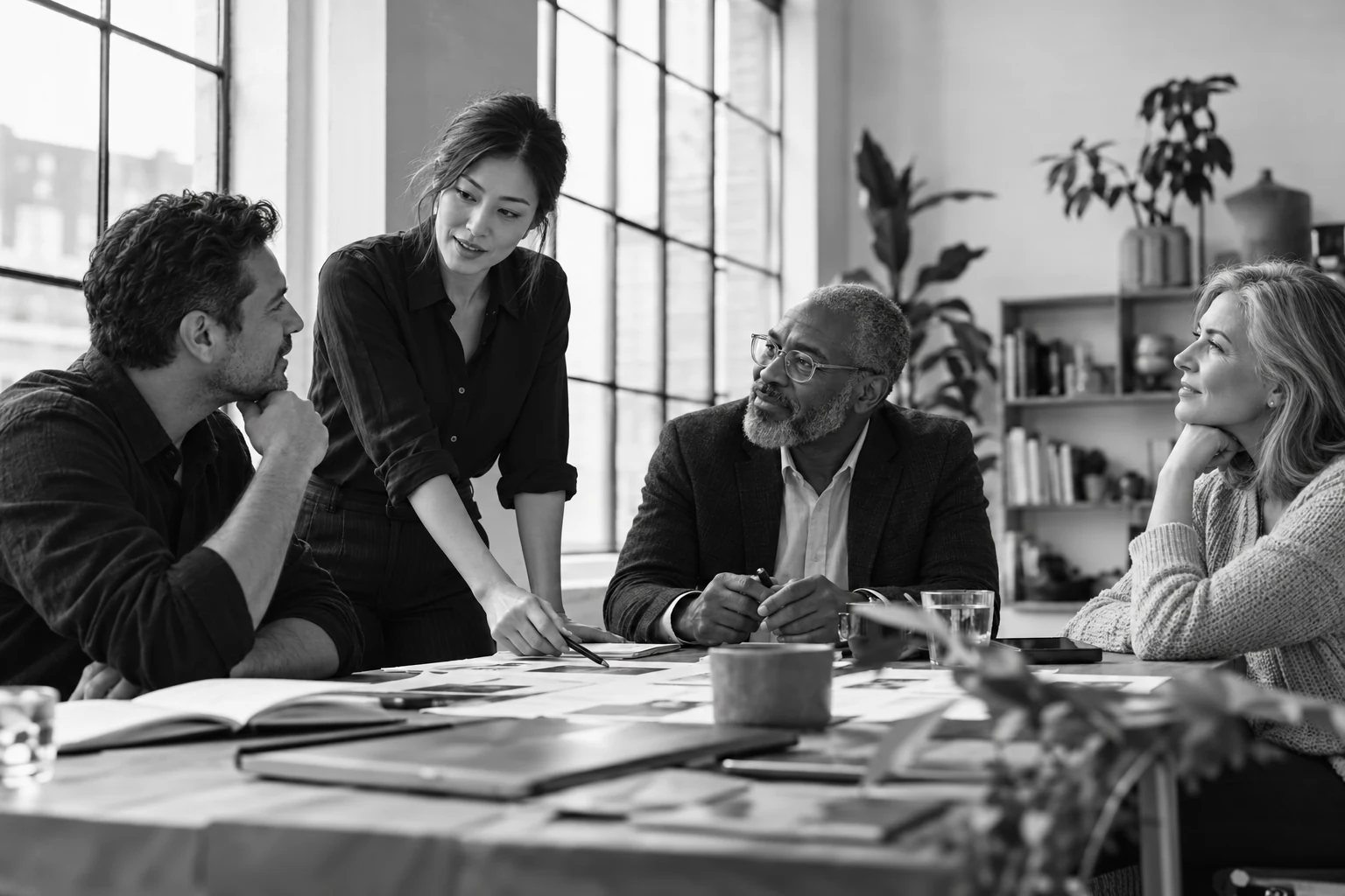 Experienced professionals collaborating around a studio meeting table